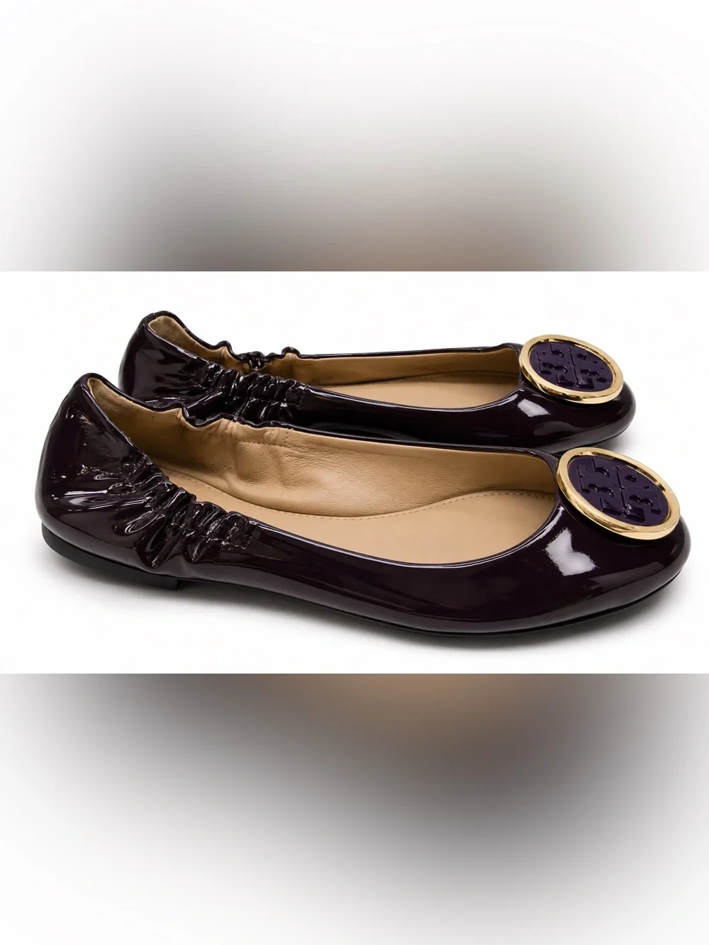 Tory Burch Patent Leather Reva Ballet Flats Black Gold Logo Size 7